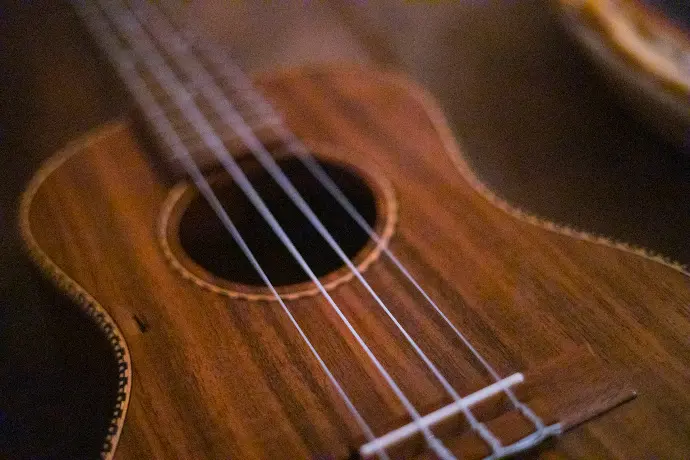 brown acoustic guitar in close up photography